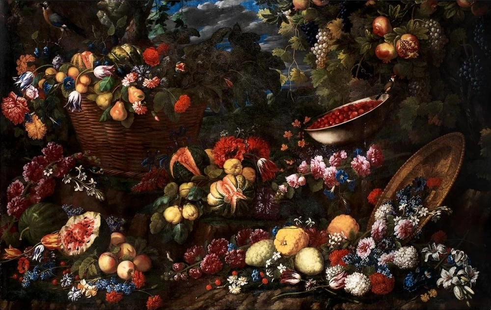 Natura morta con fiori e frutta